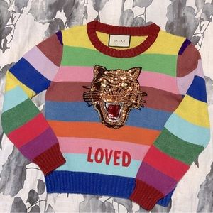 Gucci Multicolor Striped Cowlneck Sweater with Tiger Applique